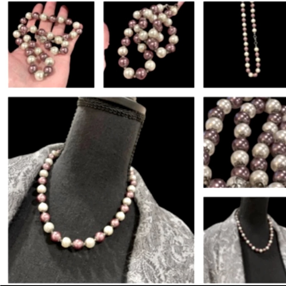 N179 Vtg Mauve and White String of Glass Pearls Necklace 18”